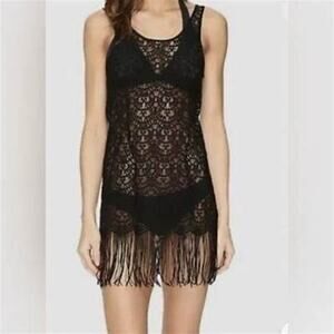 L’Agent Agent Provocateur Black Fringed Sheer Lace Beach Swimsuit Coverup Size M